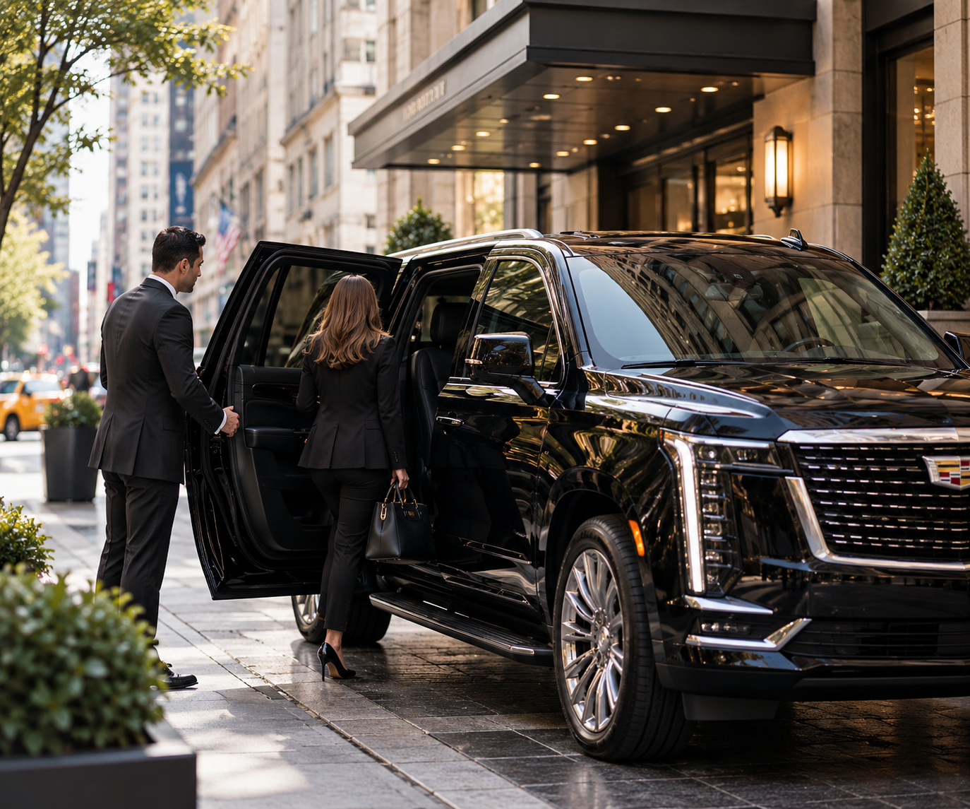 Luxury black SUV with professional chauffeur in New York City